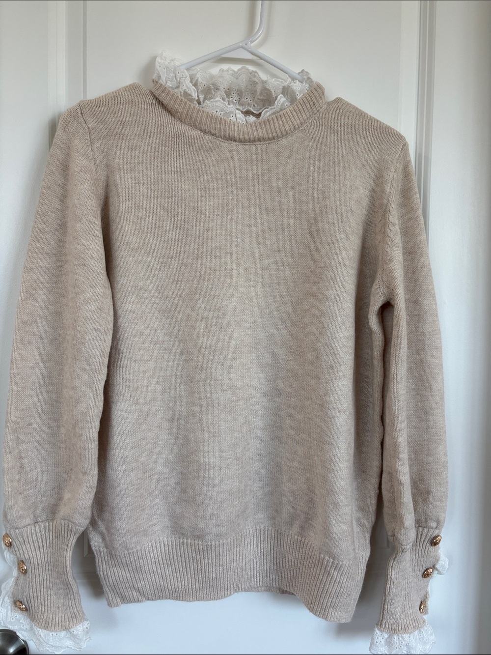 Cream Lace-Trim Crewneck Sweater - Women